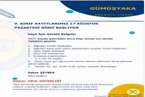 Silivri Gümüşyaka Anadolu Lisesi’nde 9. sınıf kayıtları 17 Ağustos’ta başlıyor