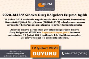 2020-ALES/2 Sınava Giriş Belgeleri erişime açıldı