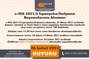 e-YDS 2021/3 İspanyolca/İtalyanca başvuruları alınmakta