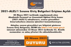 2021-ALES/1 Sınava Giriş Belgeleri erişime açıldı