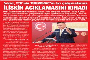 Arkaz, TTB'nin TURKOVAC'ın faz çalışmalarına ilişkin açıklamasını kınadı