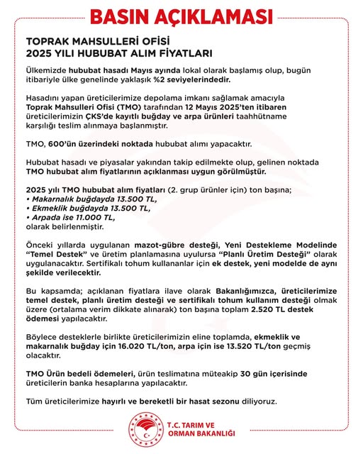 TMO 2025 Hububat Alım fiyatlarını açıkladı
