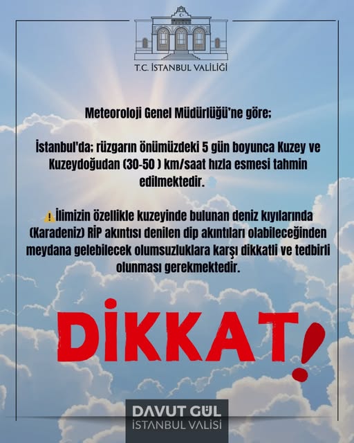 İstanbul Valiliği’nden Rüzgâr ve RİP Akıntısı Uyarısı