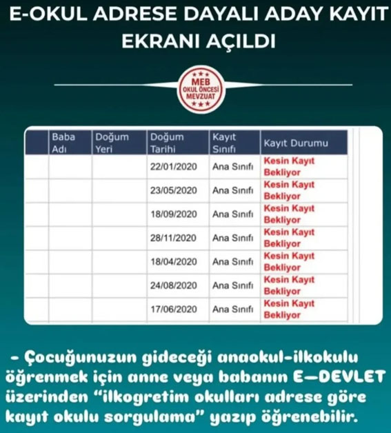 E-Okul Adrese Dayalı Aday Kayıt Ekranı açıldı