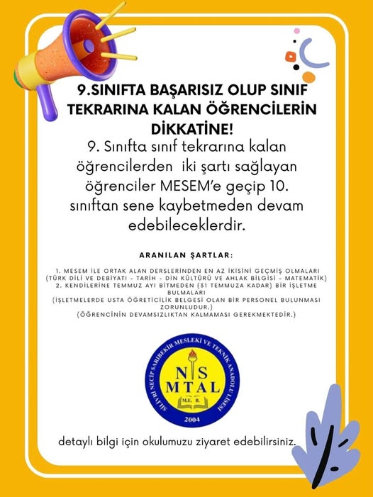 9. Sınıfta başarısız olan öğrencilere yıl kaybetmeden devam imkânı