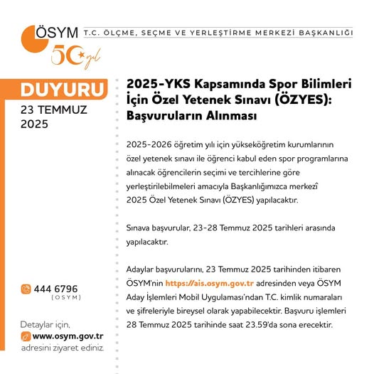 Spor Bilimleri İçin Özel Yetenek Sınavı başvuruları başladı