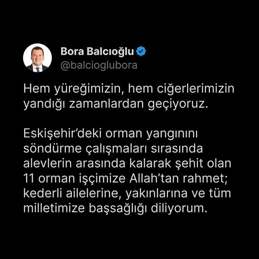 Silivri Belediye Başkanı Balcıoğlu’ndan Eskişehir’deki orman şehitleri için taziye mesajı