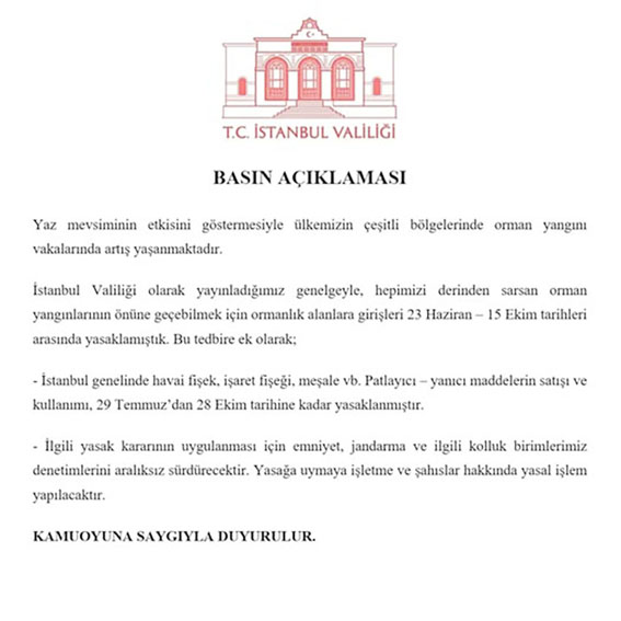 İstanbul’da ormanlara giriş ve havai fişek kullanımına yasak