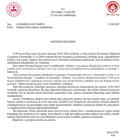 Vali Davut Gül’den sahipsiz hayvanlara yönelik genelge