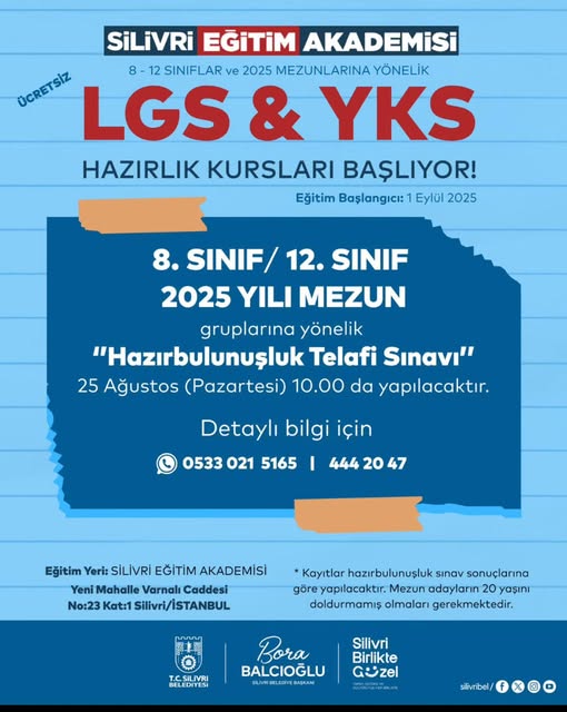Silivri Eğitim Akademisi’nde Ücretsiz LGS ve YKS Hazırlık Kursları Başlıyor