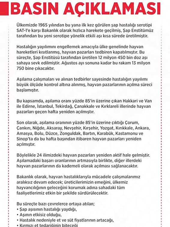 Şap Hastalığına karşı önlemler sonuç verdi, hayvan pazarları açılıyor