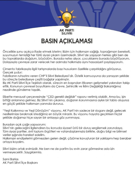Silivri AK Parti’den Çimento Tesisi açıklaması