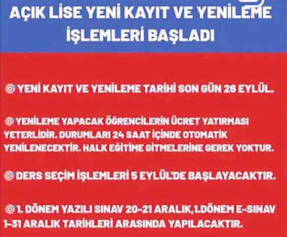 Açık Lise Kayıt Ve Yenileme İşlemleri başladı