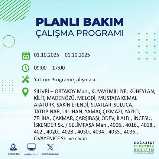 Silivri’de 1 Ekim’de planlı elektrik kesintisi