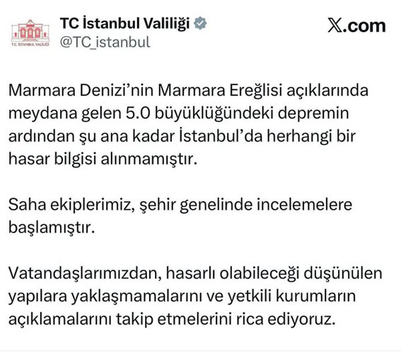 Marmara Ereğlisi açıklarındaki 5.0 büyüklüğündeki deprem İstanbul’da hissedildi