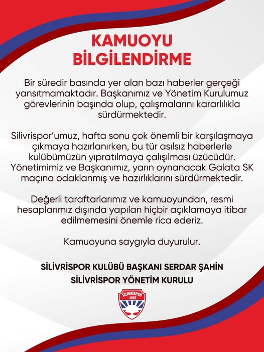 SİLİVRİSPOR’DAN HABERLERE SERT TEPKİ: “Başkanımız ve yönetim kurulumuz görevlerinin başındadır”