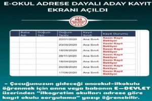 E-Okul Adrese Dayalı Aday Kayıt Ekranı açıldı