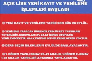 Açık Lise Kayıt Ve Yenileme İşlemleri başladı