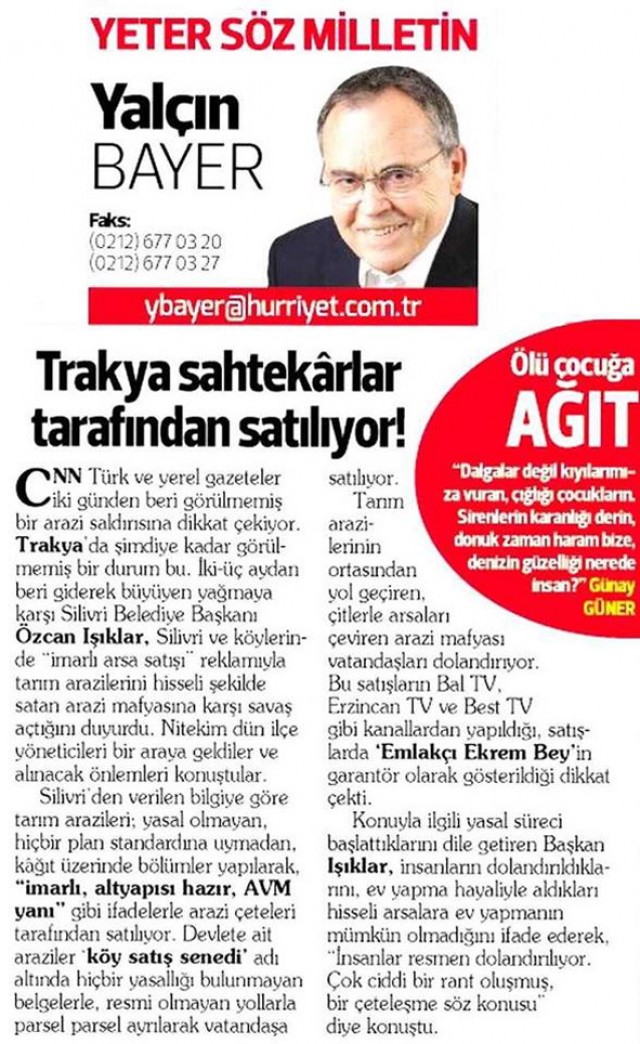 Arazi yağması Yalçın Bayer’in köşesinde