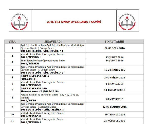 2016 sınav takvimi açıklandı