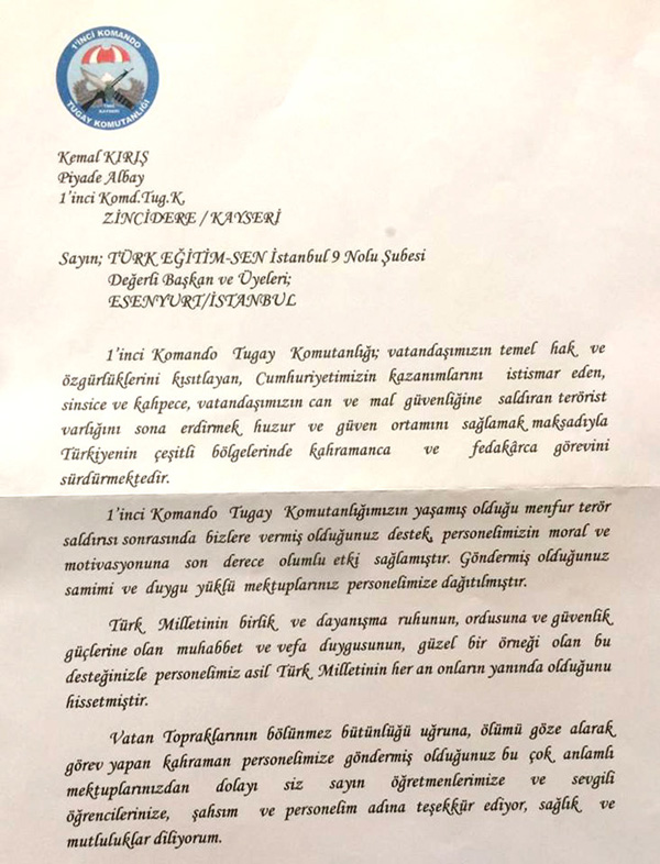 Kayseri 1. Komando Tugay Komutanlığından teşekkür