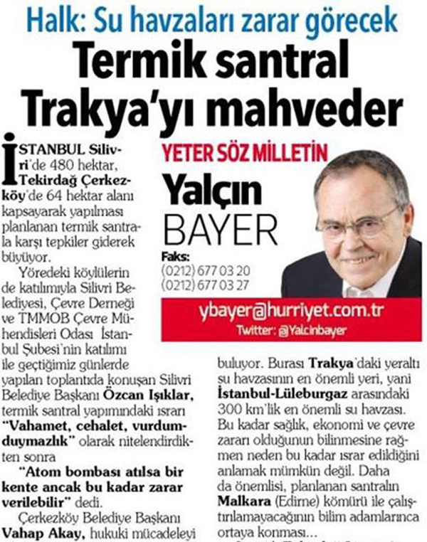 Bayer: Termik Santral Trakya’yı mahveder