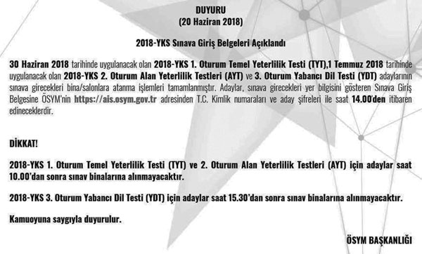 YKS Giriş Belgeleri açıklandı