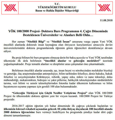 Doktora Burs Programına alınan üniversite ve alanları belli oldu