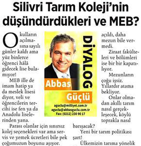 Abbas Güçlü’nün kaleminden Tarım Lisemizin önemi