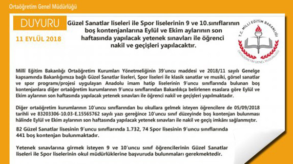 Güzel Sanatlar ve Spor Liselerine öğrenci alınacak