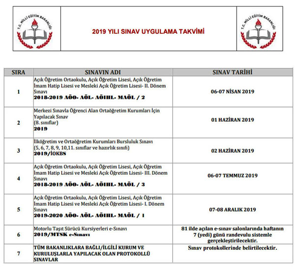 2019 Sınav Takvimi