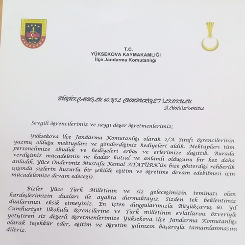 Yüksekova Komutanlığından teşekkür mektubu
