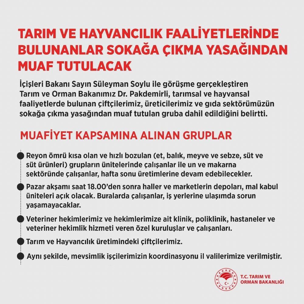 Tarım ve hayvancılık faaliyetlerinde bulunanlar sokağa çıkma yasağından muaf