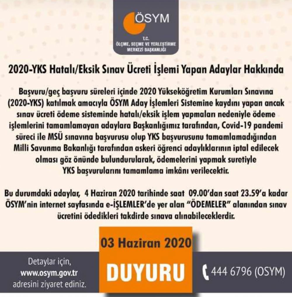 ÖSYM’den önemli duyuru