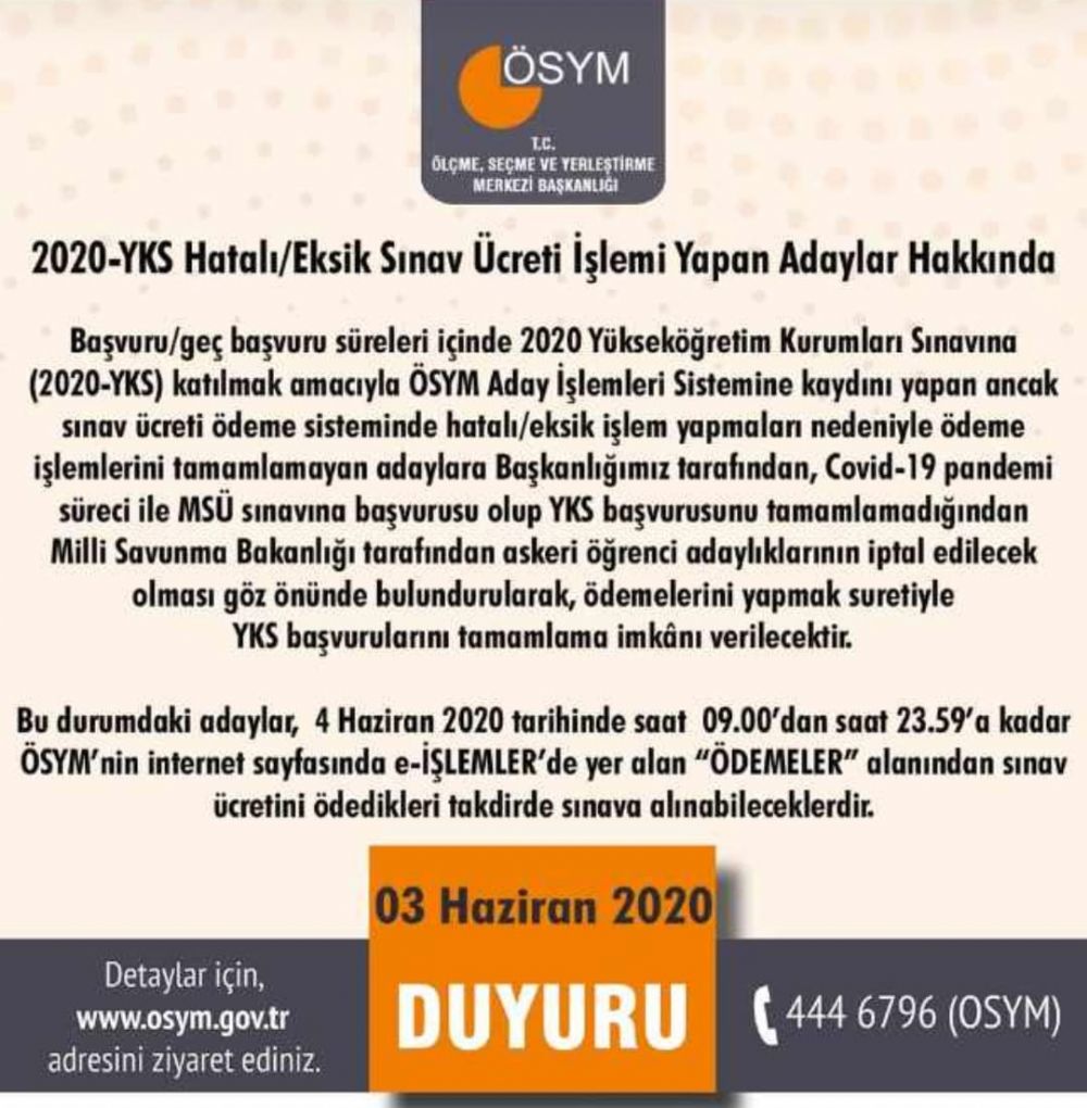 ÖSYM’den önemli duyuru