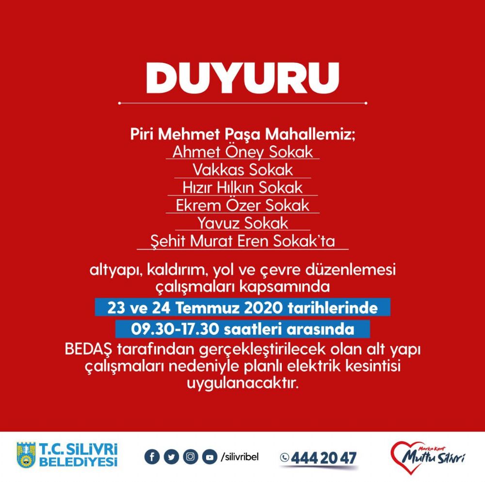 Piri Paşa Mahallesi sokaklarında planlı elektrik kesintisi