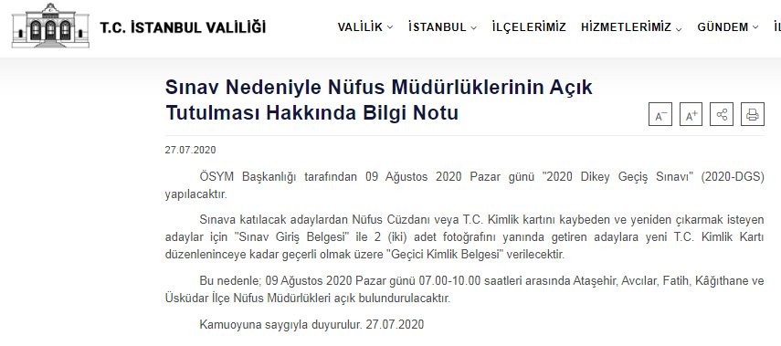 Nüfus Müdürlükleri, Dikey Geçiş Sınavı gününde açık kalacak