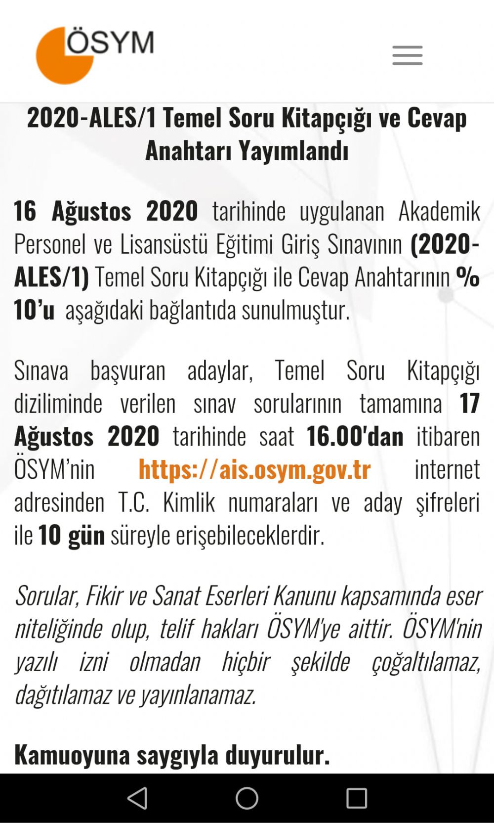 2020 ALES/1 Soru Kitapçığı ve Cevap Anahtarı yayımlandı