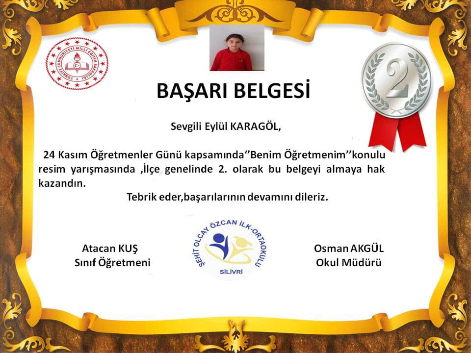 İlçe 2.si Eylül Karagöl’e Başarı Belgesi