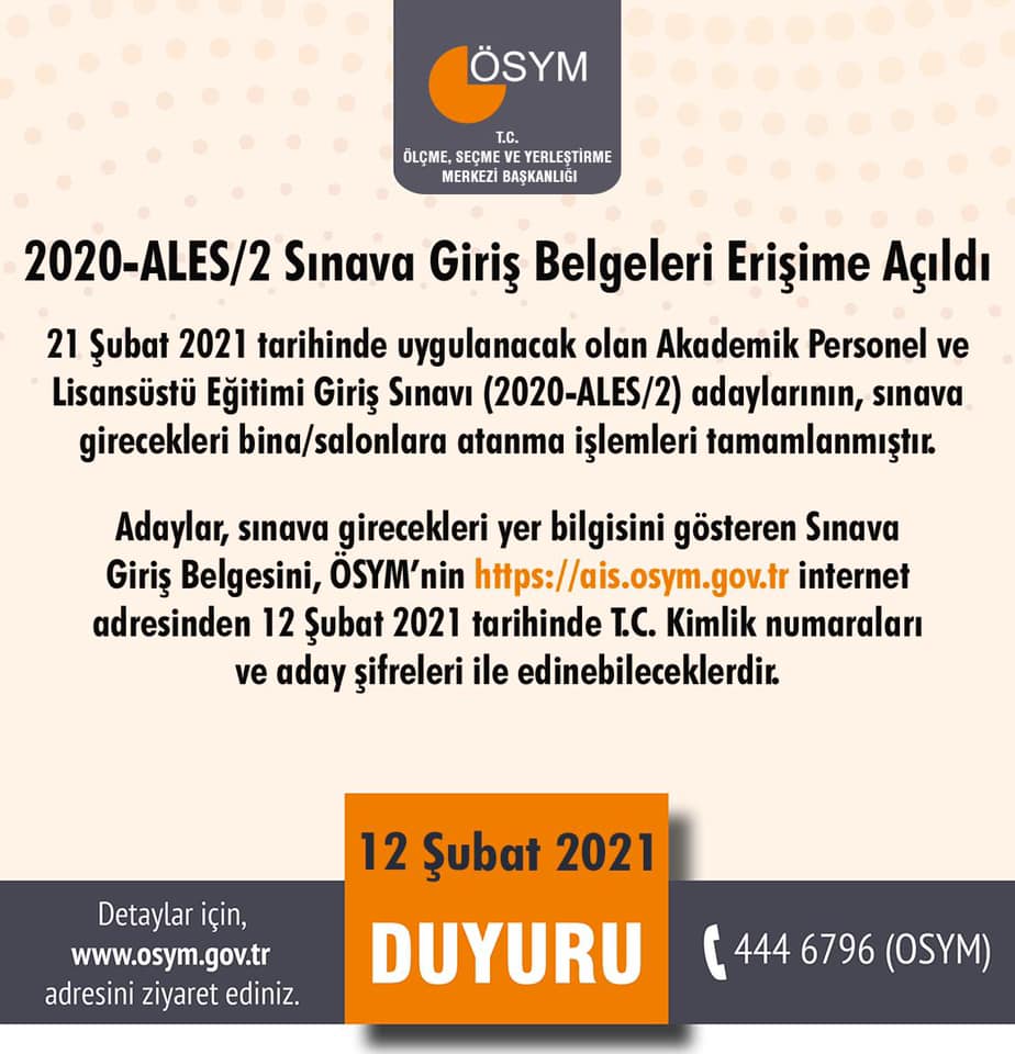 2020-ALES/2 Sınava Giriş Belgeleri erişime açıldı