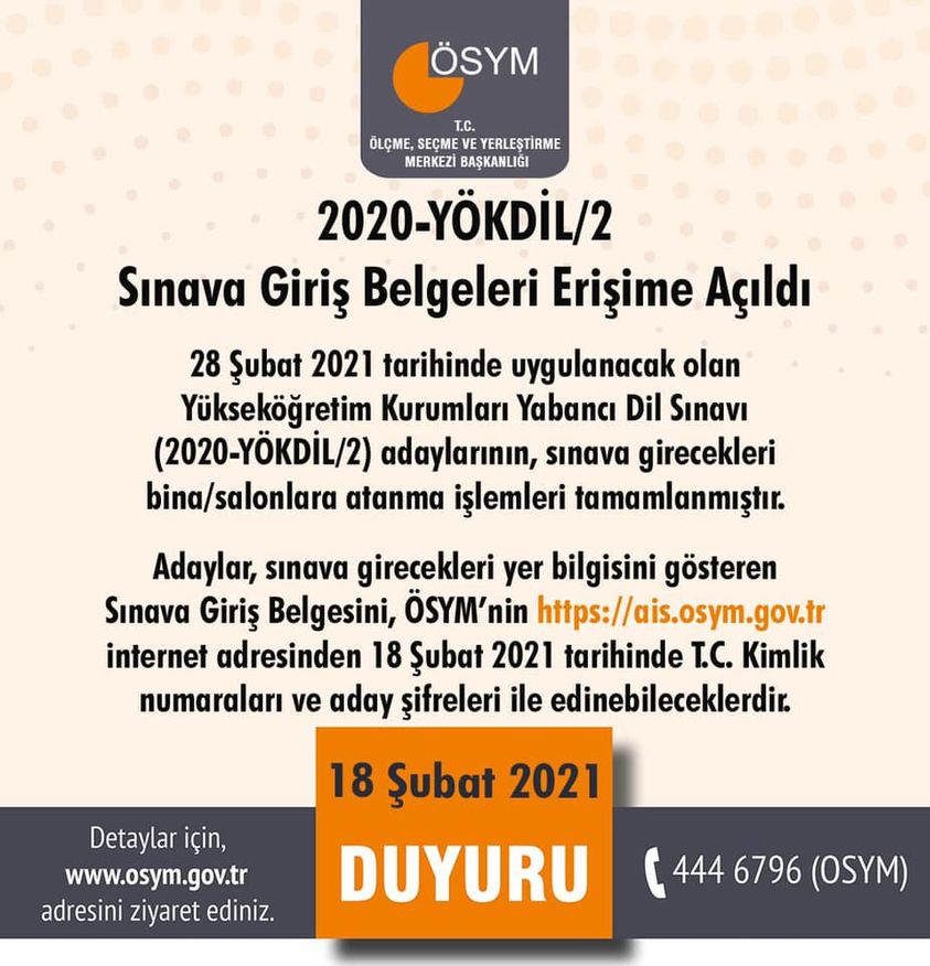 2020-YÖKDİL/2 Sınava Giriş Belgeleri erişime açıldı