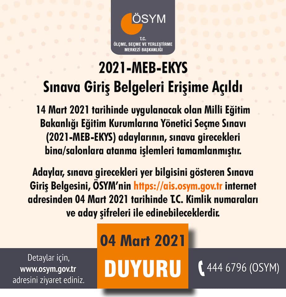 2021-MEB-EKYS Sınava giriş belgeleri erişime açıldı