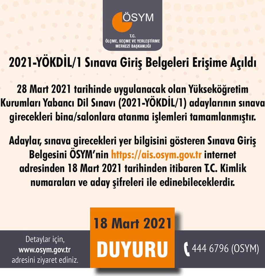 2021-YÖKDİL/1 Sınava Giriş Belgeleri erişime açıldı