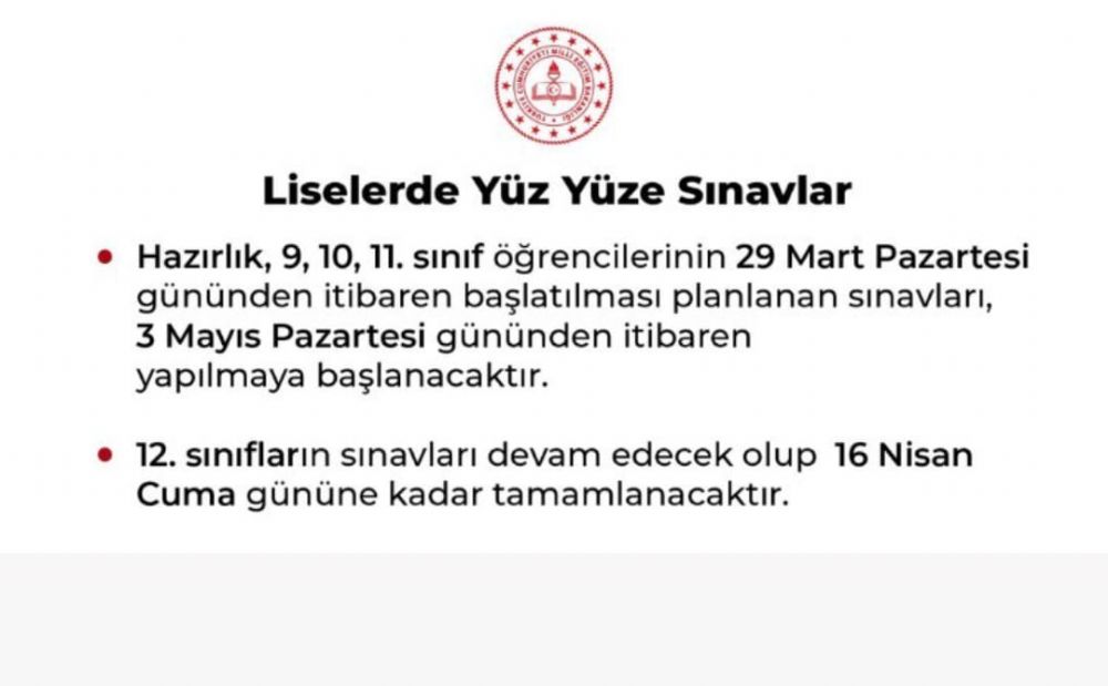 MEB’den Liselerde Yüz Yüze Sınavlar hakkında duyuru