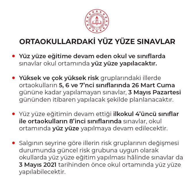 Ortaokullardaki Yüz Yüze Sınavlar