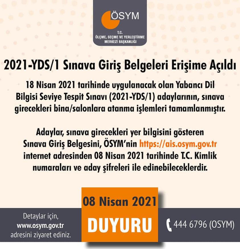 2021-YDS/1 Sınava Giriş Belgeleri erişime açıldı