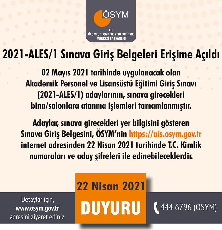 2021-ALES/1 Sınava Giriş Belgeleri erişime açıldı