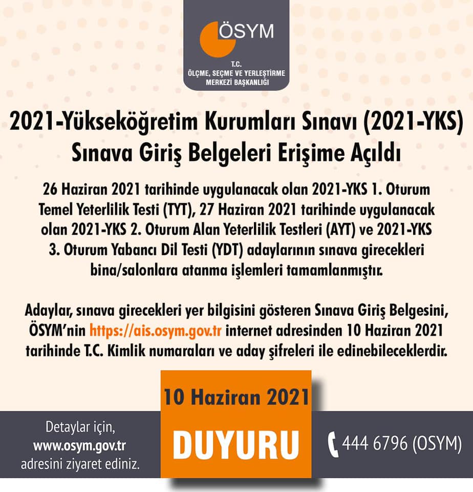 2021 YKS Giriş Belgeleri erişime açık