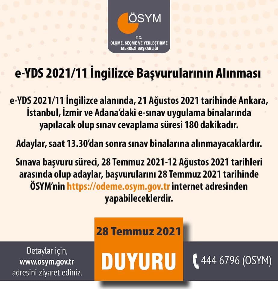 e-YDS 2021/11 İngilizce başvuruları başladı