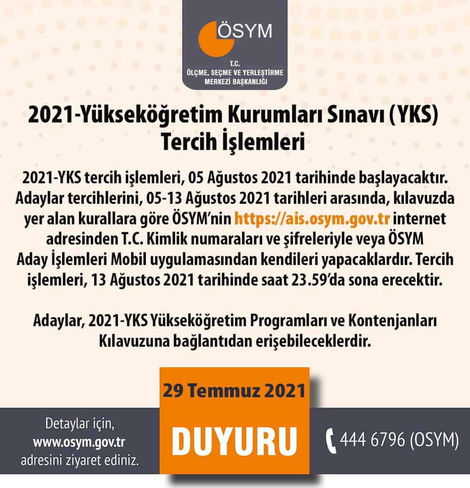 2021 YKS Tercih işlemleri